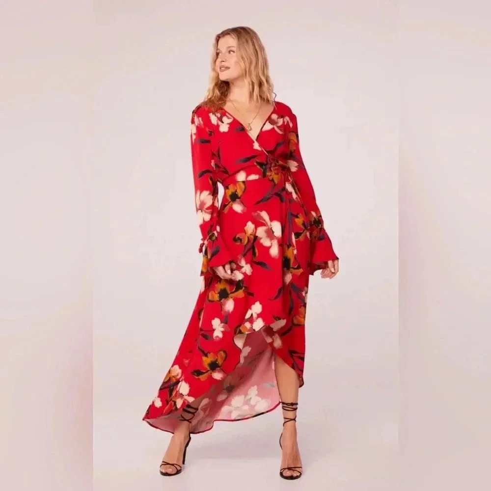 Band of the free POLLY RED FLORAL WRAP MAXI DRESS sz S nwt 012